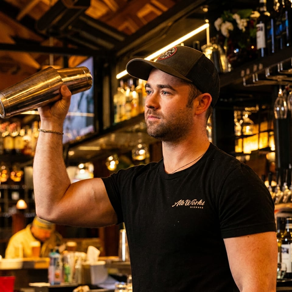 Bartender in a black cap and t-shirt shaking a cocktail shaker at a busy bar.