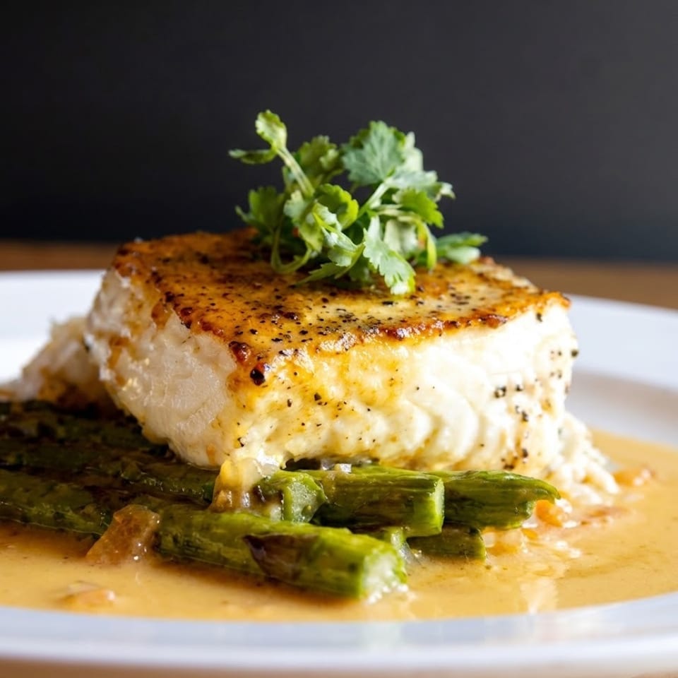 Pan-seared fish fillet with asparagus and a creamy sauce, garnished with fresh herbs.