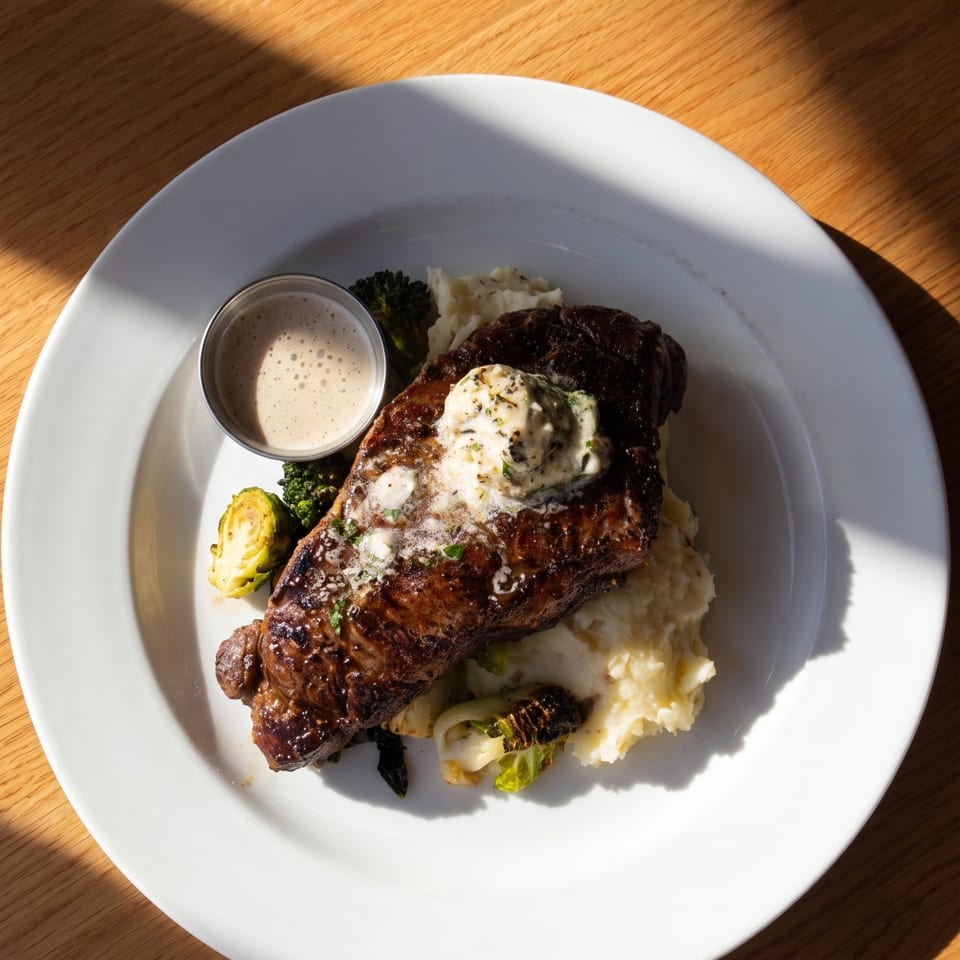 Grilled steak with herb butter, mashed potatoes, roasted Brussels sprouts, and a side of gravy.